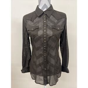Ariat Fitted Dark Brown Button Down Shirt Bedazzled Western Top Cross Sheer Med.